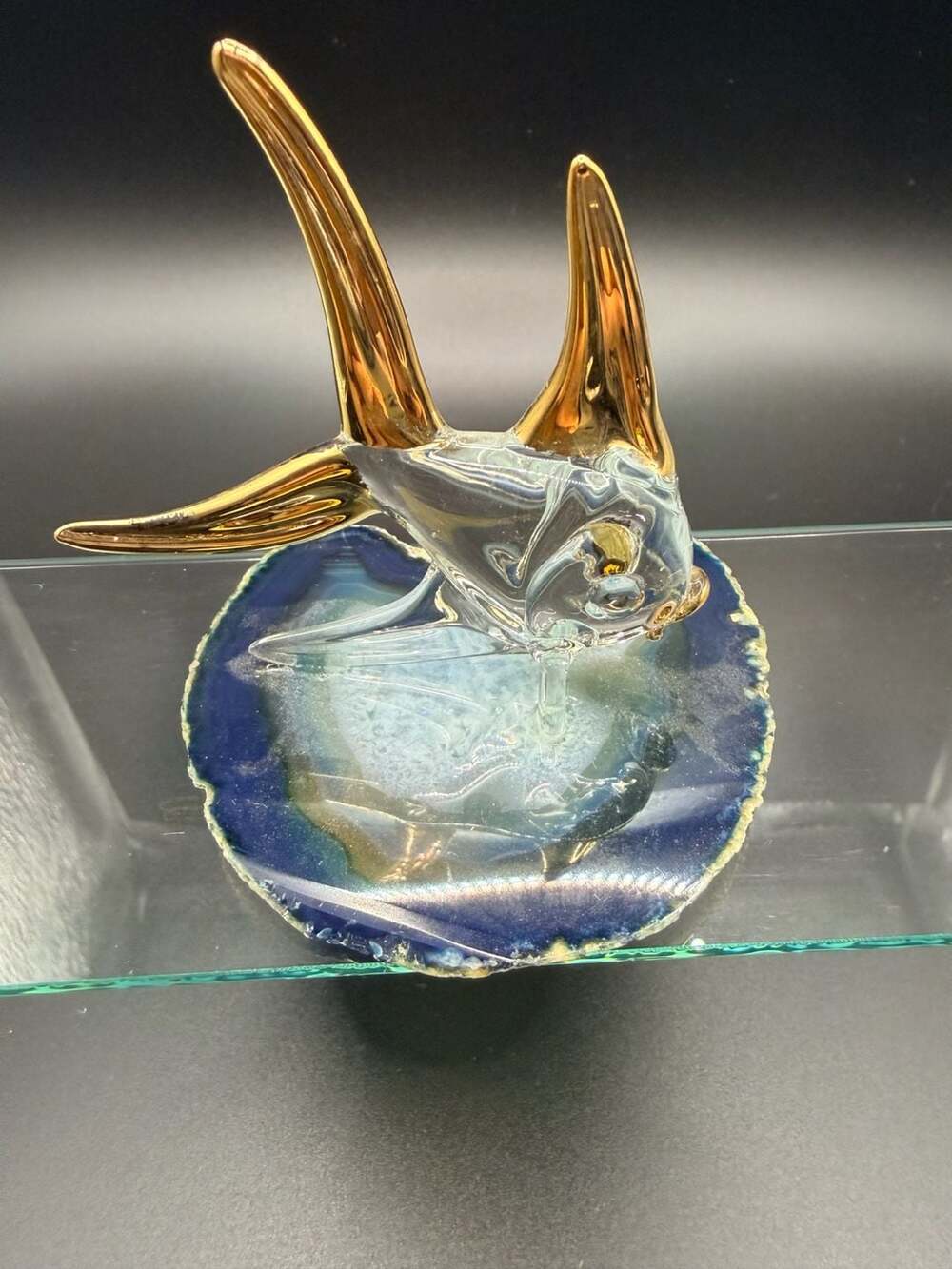 Vintage Murano Style Glass Angel Fish Figurine on Blue Agate Slice Base